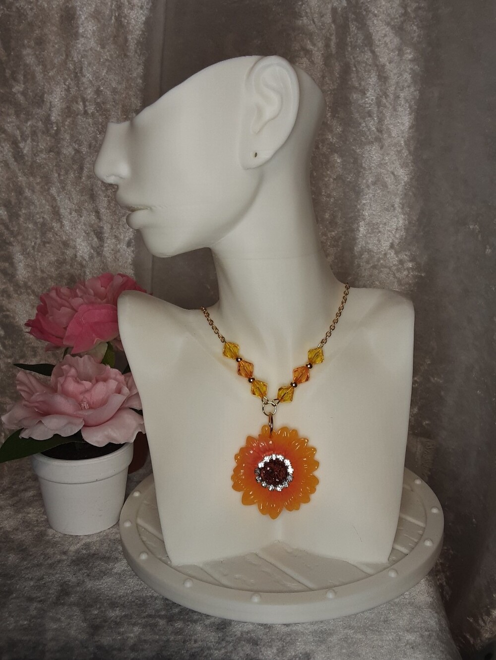 Handmade Sunflower Pendant Necklace With Matching Beads 22" Long Chain